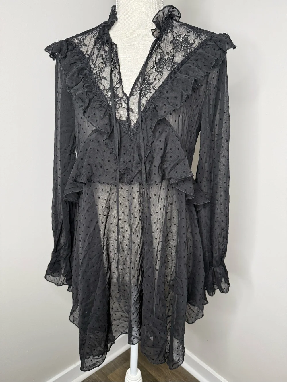 Zara Black Sheer Polka-Dot Ruffle Blouse - Picture 3 of 7